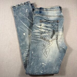 Preme Mens Distressed Heart Print Paint Splatter Jeans Light Wash 36x33 stretch